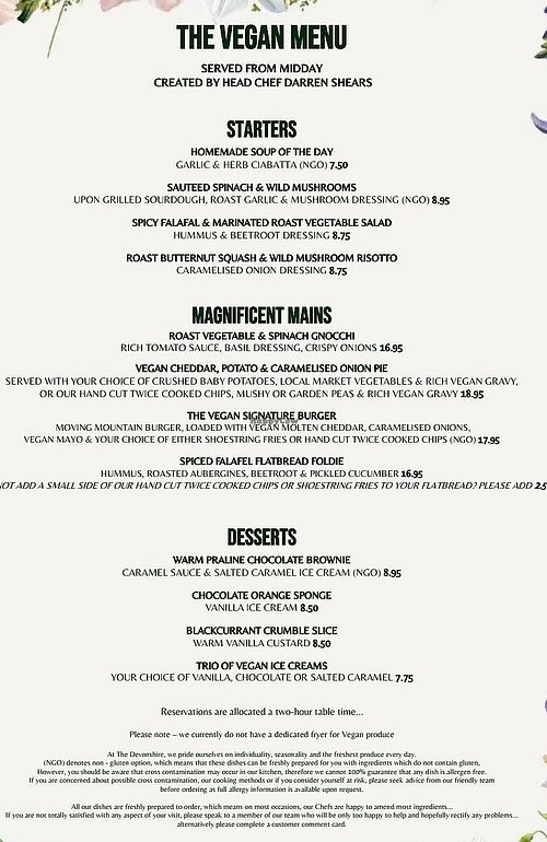 The Devonshire Vegan Menu at The Devonshire in Mansfield