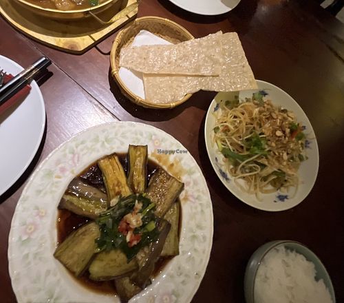 Papaya salad with tofu skin and eggplant in chili&garlic sauce. Delicious!   at The Spice Route by Ms Vy in Hoi An
