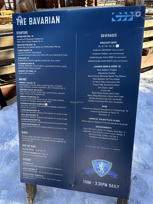 Current menu winter 2025  at The Bavarian Restaurant in Taos Ski Valley