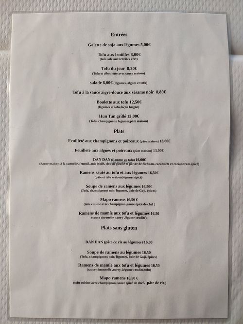 Menu at Toutofu in Paris