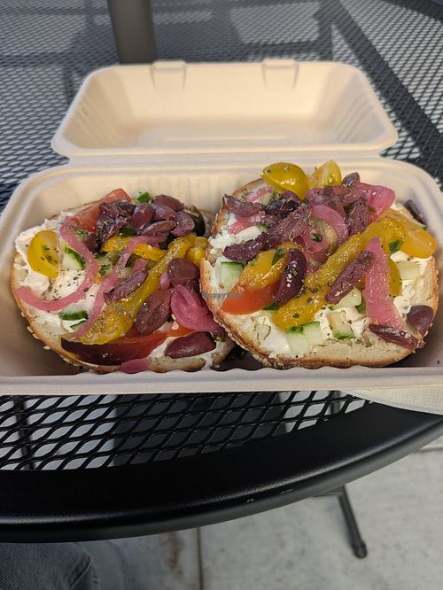 Mediterranean sesame bagel with vegan schmear at Bageletto  in San Francisco