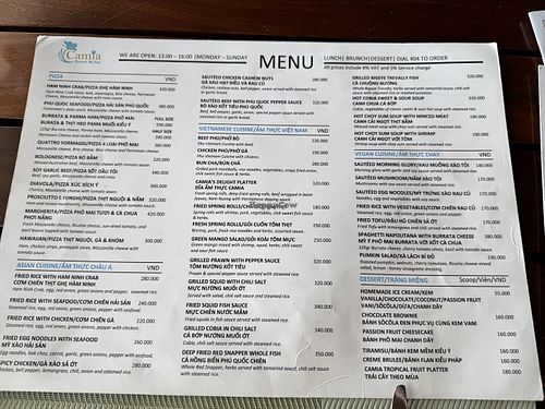 Menu containing Vegan options  at Camia Restaurant in Phu Quoc