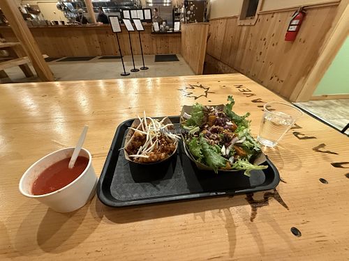 Kung pao cauliflower, winter salad, and tomato soupp  at StrEatz Mobile Food in North Woodstock