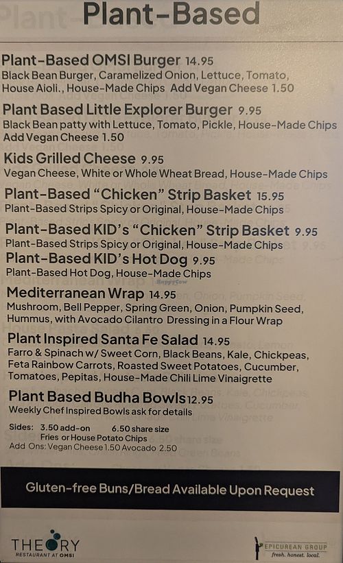 Plant-Based menu at Theory in Portland