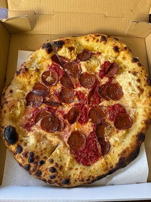 Vegan Cheeze with vegan pepperoni at Speak Cheezy in Long Beach