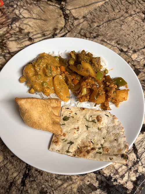 GF naan, samosa, aloo gobi, veg korma, yellow curry  at Medford Indian Cuisine  in Medford