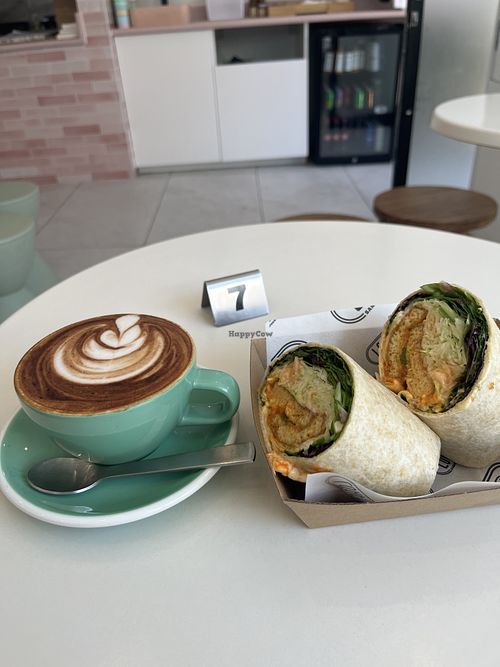 Almond cappuccino and Tofu for you wrap  at LOAF Engadine in Engadine