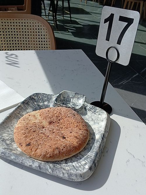 Complimentary freshly-baked pita bread at Meddys in Omaha