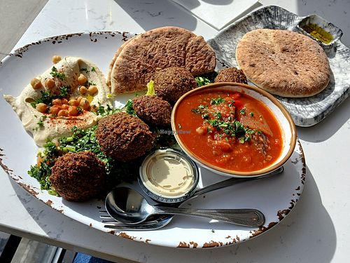Fancy Falafels: 5 falafel patties served w/ salad, hummus, pita, & Spanish eggplant at Meddys in Omaha