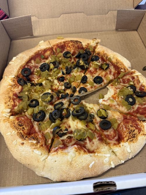 DF with olives and green chilis  at Potter's Pizza in Abilene