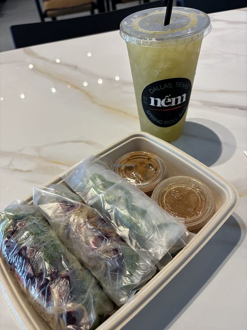 Vegan spring rolls and Sugarcane drink   at Nem Spring Roll Bar  in Dallas