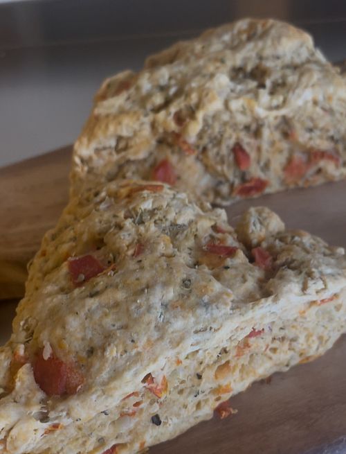 Marinated tomato scones. A perfect side at dinner or a savory companion to your vegan breakfast! at Sundrop Vegan Kitchen - Pop Up in Fayetteville