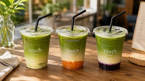 Matcha latte, three ways: original, mango, and blueberry. Each one layered with real fruit at the base — no syrups, no shortcuts. at Touch Cafe in Tomigusuku