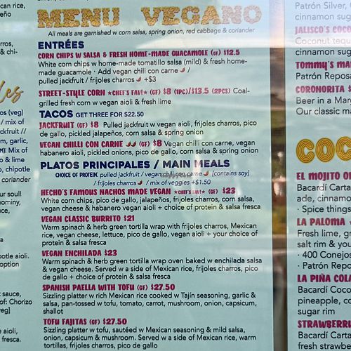 Vegan menu at Hecho En Mexico - Eastland in Ringwood
