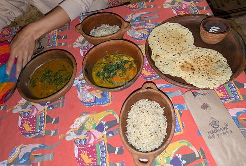 Vegetable Korma, Chana Masala, Rice, Papadums and Naan at Madhava Chai y Cocina in San Cristobal De Las Casas