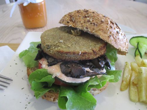 Eastern Soul burger: made from chickpeas falafel. at Aurelie's Health and Lifestyle Cafe in Johannesburg