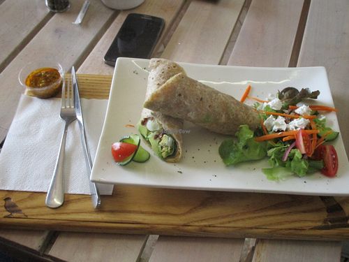 House specialty - Aurélie's wrap, vegan version replaces boiled eggs by grilled smoked tofu. at Aurelie's Health and Lifestyle Cafe in Johannesburg