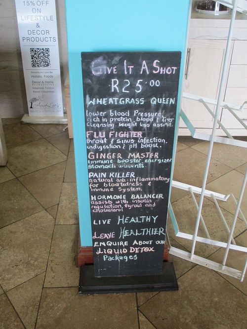 Menu with many healthy juice options and veggie dishes that can be veganised. at Aurelie's Health and Lifestyle Cafe in Johannesburg