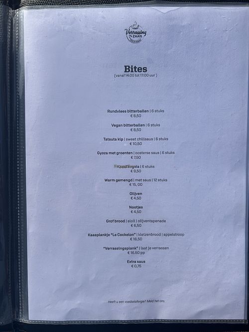 Snack menu (also available in English)  at Verrassing aan de Zaan in Zaandam