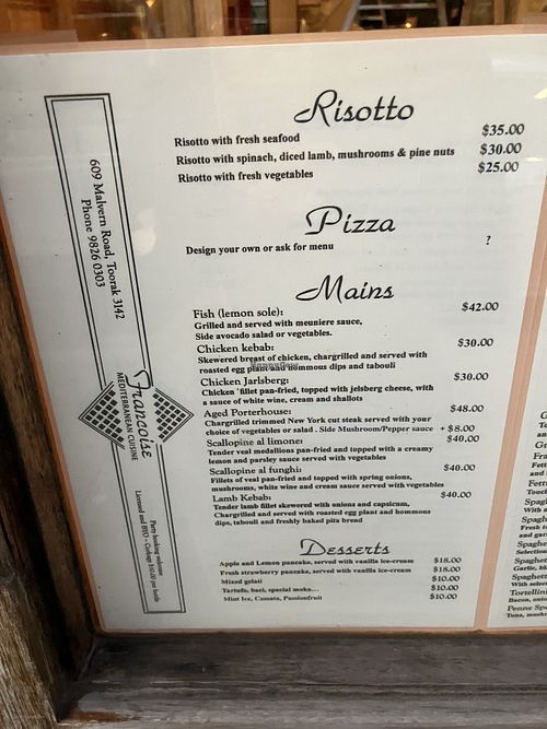   at Francoise Pizza Mediterranean Cuisine  in Toorak