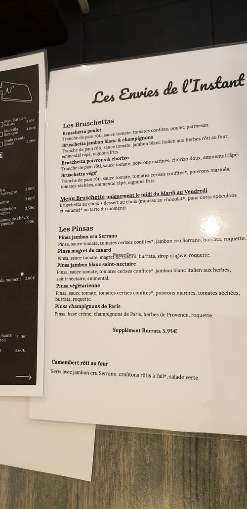 The regular menu with vegetarian options at L'instant Planche in Vichy