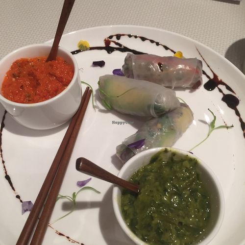 ordered spring rolls with sauces - ginger goji tea at Pure and Whole - Shanghai Centre in Shanghai