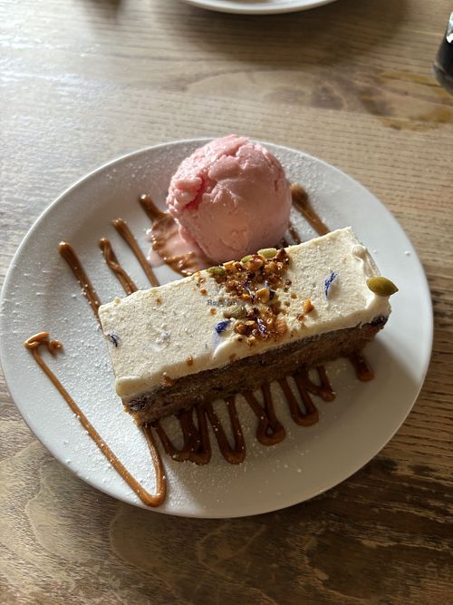 Carrot cake with blood orange sorbett  at The Four Horseshoes Inn in Eye