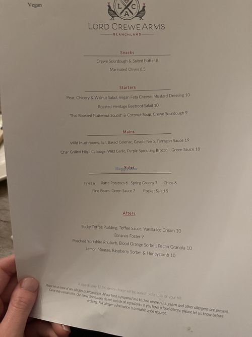 Vegan dinner menu   at Lord Crewe Arms Hotel  in Consett