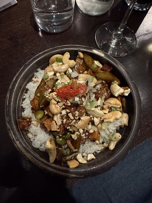 kung pap tofu with vegan sauce   at OKA - Notting Hill in West London