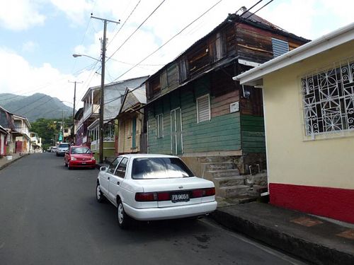View up road of Jah Lamb (The green building) at Jah Lamb's in Soufriere