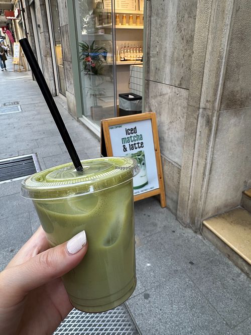Iced blueberry matcha latte (oat milk) at Pure Coffeine Specialty Coffee in Valencia