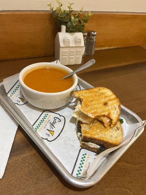 They now have vegan soup to go with an awesome vegan grilled cheese that has a nice kick to it! I added spinach. Yum! Bonus: They use a local female owned vegan cheese.   at Gayle V's Best Ever Grilled Cheese in Chicago