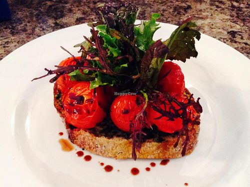 Balsamic roasted tomato bruschetta with walnut and rocket pesto at O' Joy in Shrewsbury