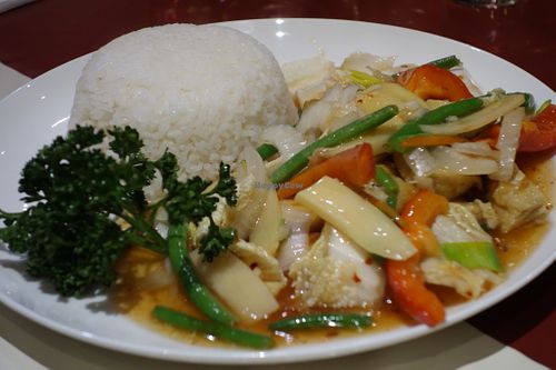 V12 Tofu Kanton (with various vegetables in Kanton sauce, spicy) (vegan) at Hongkong Imbiss in Saarbrucken