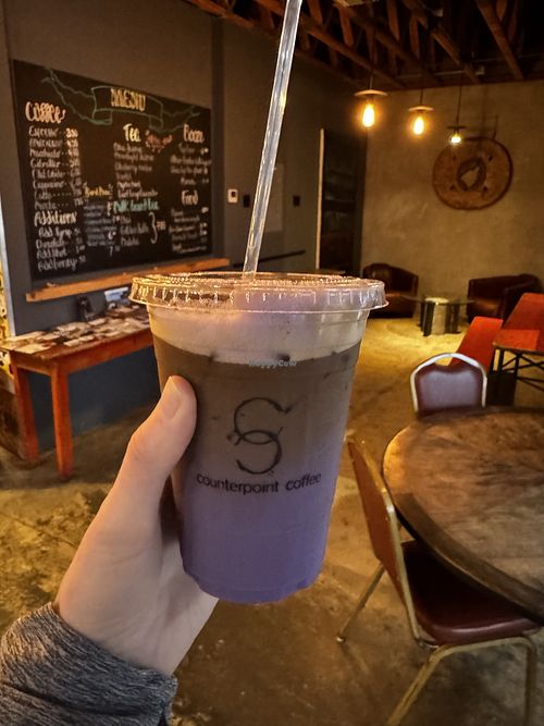 Ube latte with oat milkk  at Counterpoint Coffee in Seaside