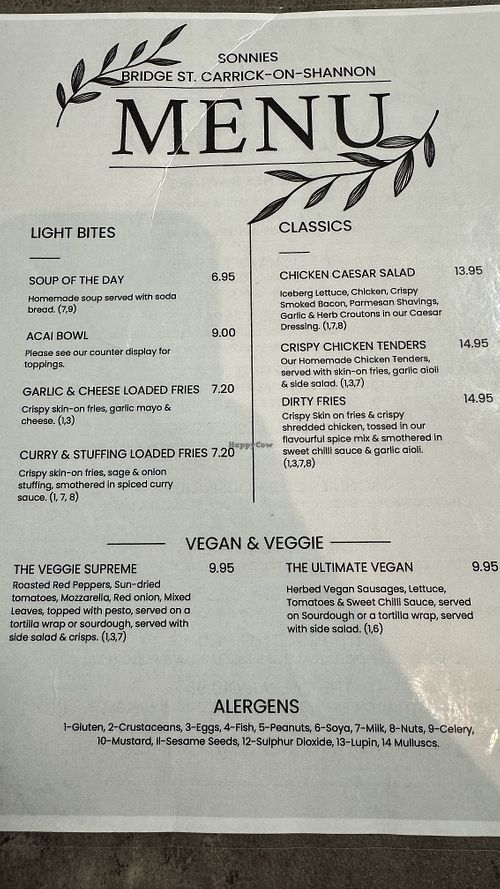 Menu   at Sonnies Coffee House  in Carrick-on-shannon