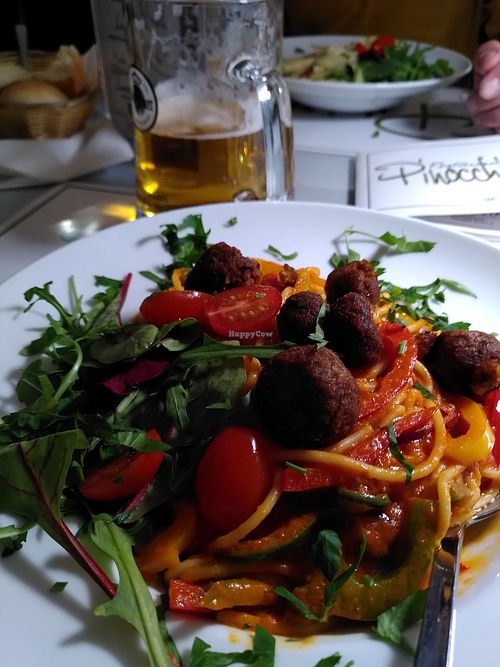Spaghetti with vegan 'meatballs' at Restaurant Pinocchio in Bueckeburg