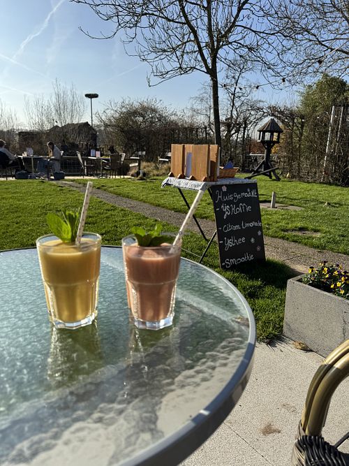 Oranje en rode smoothie  at Theeschenkerij Eldorado in Woudenberg