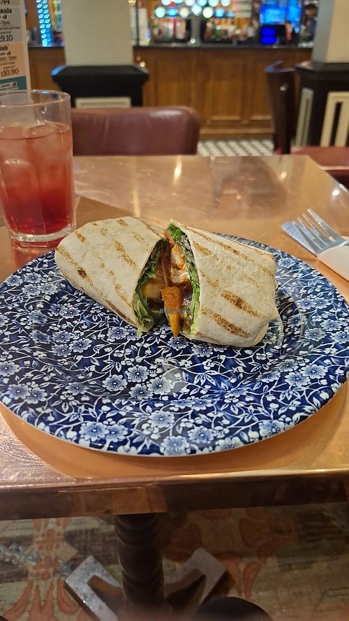 Quorn nuggets wrap (vegan, obviously) with some juice at The Prince of Wales - JD Wetherspoon in Cardiff