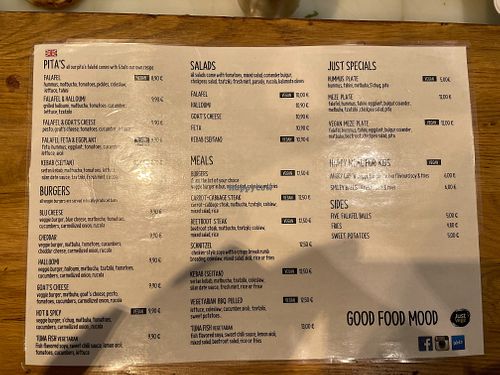 Menu at Just Vege in Helsinki
