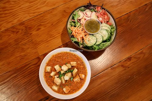 Our Garden Salad and House Tomato Soup. at Farm Burger in Memphis