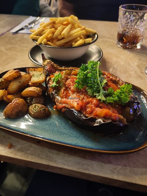 stuffed aubergine and chips at Afiyet Restaurant in Stockport