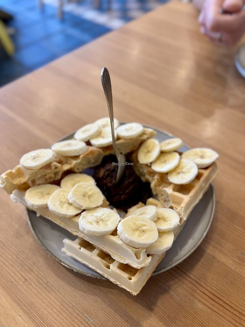 Vegan waffle with vegan Nutella topping (nuts and dates)  at Klubokawiarnia Ptaszyna in Warsaw