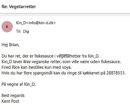 Email from the store owner (in Danish) saying that none of their dishes are vegan. at Kin_d Thai in Fredericia