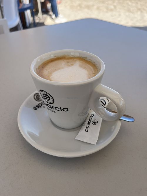 Café con leche with soy milk  at Xiringuitos Del Sol in Cabo Roig