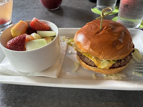 Impossible burger, vegan cheese and mayo with fruit side  at BRU Burger Bar in Cincinnati
