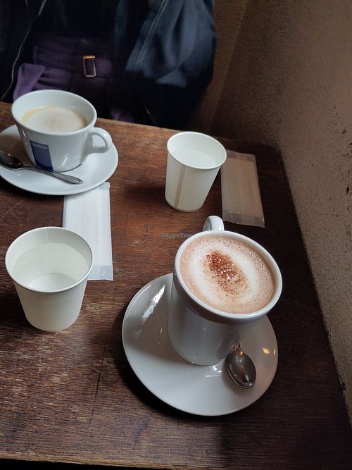 Cocoa with oat milk and caramel coffee with oat milk at NOON+COFFEE in Osaka