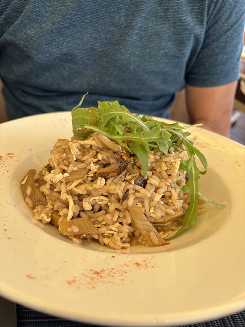 Vegan risotto with mushrooms, fennel and tofu. The tofu is not in the dish description but she asked me if I want to add tofu. Great dish  at Restaurante Baía do Bago in Porto Da Cruz