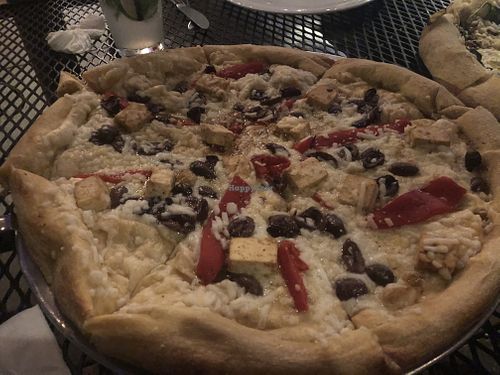 Vegan red pepper olive teriyaki tofu pizza  at Mellow Mushroom in Chattanooga