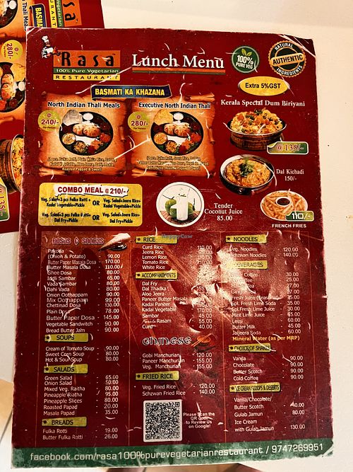 Menu  at Rasa 100% Pure Vegetarian Restaurant in Ernakulam